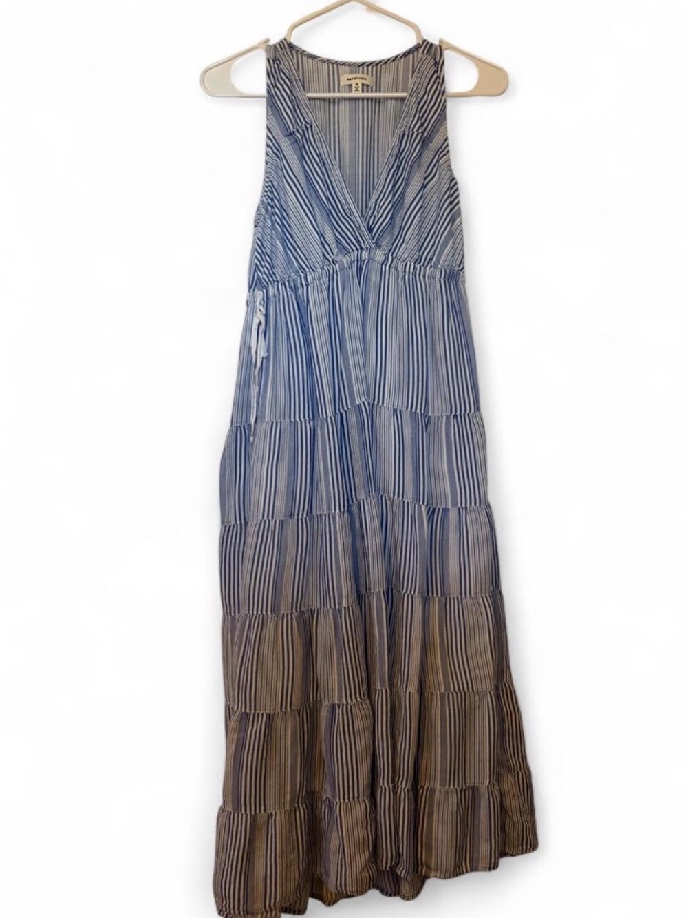 Max Studio Blue and White Striped V-Neck Tiered Maxi Dress